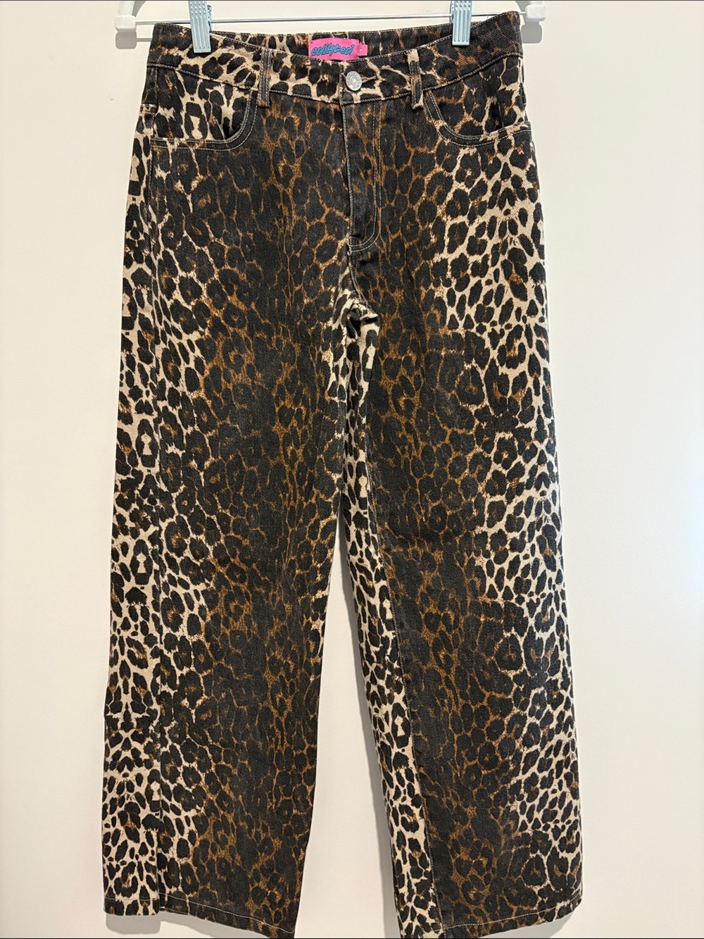 Edikted Leopard Print Jeans with Pink Logo Tag